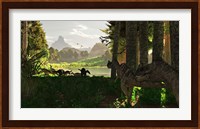 Ceratosaurus dinosaurs stalk a herd of Camptosaurus eating plants Fine Art Print