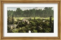 Lurdusaurus and Nigersaurus dinosaurs grazing a prehistoric forest Fine Art Print