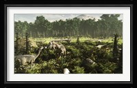Lurdusaurus and Nigersaurus dinosaurs grazing a prehistoric forest Fine Art Print