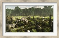 Lurdusaurus and Nigersaurus dinosaurs grazing a prehistoric forest Fine Art Print