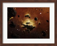 A nebula evaporates in the far distance of an asteroid field Fine Art Print