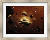 A nebula evaporates in the far distance of an asteroid field Fine Art Print
