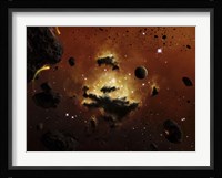 A nebula evaporates in the far distance of an asteroid field Fine Art Print