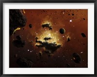 A nebula evaporates in the far distance of an asteroid field Fine Art Print