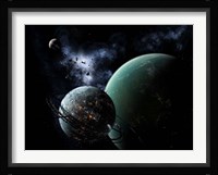 A massive space station orbits a large habitable moon Fine Art Print