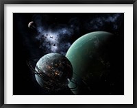 A massive space station orbits a large habitable moon Fine Art Print