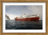 Expedition ship and zodiac, Pleneau Island, Antarctica Fine Art Print