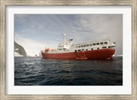 Expedition ship and zodiac, Pleneau Island, Antarctica Fine Art Print