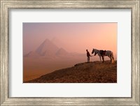 Dawn View of Guide and Horses at the Giza Pyramids, Cairo, Egypt Fine Art Print
