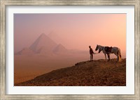 Dawn View of Guide and Horses at the Giza Pyramids, Cairo, Egypt Fine Art Print