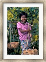 Girl with Painted Face Carrying Basket on Shoulder Pole, Myanmar Fine Art Print