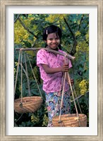 Girl with Painted Face Carrying Basket on Shoulder Pole, Myanmar Fine Art Print