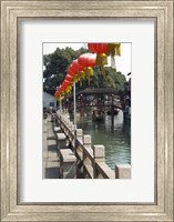 Boat in canal with old wooden bridge, Zhujiajiao, Shanghai, China Fine Art Print