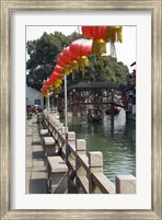 Boat in canal with old wooden bridge, Zhujiajiao, Shanghai, China Fine Art Print
