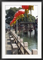 Boat in canal with old wooden bridge, Zhujiajiao, Shanghai, China Fine Art Print