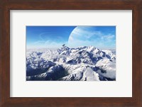 A gas giant rises in the distance over a massive slumbering volcano Fine Art Print