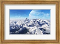 A gas giant rises in the distance over a massive slumbering volcano Fine Art Print