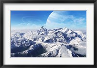 A gas giant rises in the distance over a massive slumbering volcano Fine Art Print
