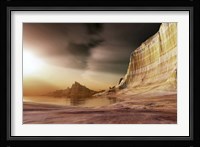 The sun shines down upon a lake near the mountains Fine Art Print