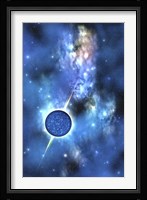 A large star with concentrated matter hovers in the cosmos Fine Art Print