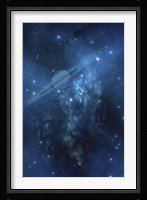 A ringed planet orbits near a beautiful nebula in space Fine Art Print