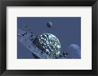 A ringed rocky planet has many asteroids in orbit Fine Art Print