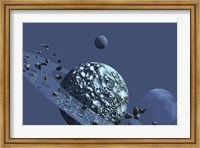 A ringed rocky planet has many asteroids in orbit Fine Art Print