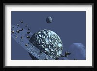 A ringed rocky planet has many asteroids in orbit Fine Art Print