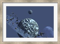 A ringed rocky planet has many asteroids in orbit Fine Art Print