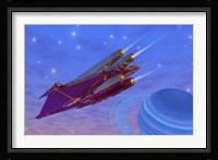 A spacecraft flys near a gas giant planet Fine Art Print