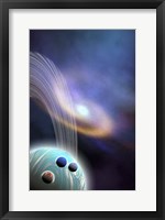 A spiral galaxy is near this ringed planet and its moons Fine Art Print