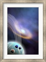 A spiral galaxy is near this ringed planet and its moons Fine Art Print