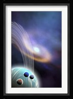 A spiral galaxy is near this ringed planet and its moons Fine Art Print