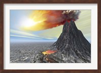 A volcano bursts forth with hot lava and billowing smoke Fine Art Print