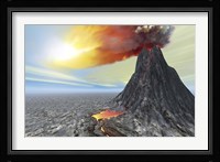 A volcano bursts forth with hot lava and billowing smoke Fine Art Print
