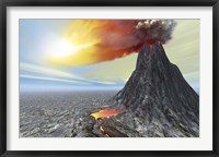 A volcano bursts forth with hot lava and billowing smoke Fine Art Print