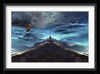 A volcano erupts near an ancient Mayan temple Fine Art Print