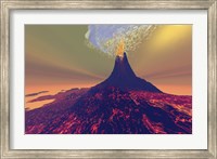A volcano erupts with smoke, fire and lava Fine Art Print