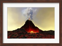 An active volcano spews out hot red lava and smoke Fine Art Print