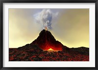 An active volcano spews out hot red lava and smoke Fine Art Print