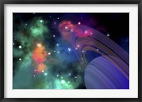 Colorful nebula near a ringed planet Fine Art Print
