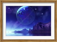 Cosmic seascape on another world with a ringed planet in the night sky Fine Art Print