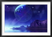 Cosmic seascape on another world with a ringed planet in the night sky Fine Art Print