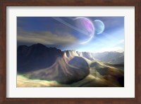 Mountainous landscape on a futuristic world with two beautiful moons Fine Art Print
