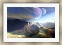 Mountainous landscape on a futuristic world with two beautiful moons Fine Art Print