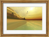 Seagulls fly near the mountains of this seascape Fine Art Print