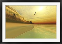 Seagulls fly near the mountains of this seascape Fine Art Print