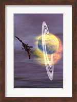 Solar winds hit a ringed planet with charged particles and gases Fine Art Print