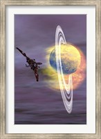 Solar winds hit a ringed planet with charged particles and gases Fine Art Print