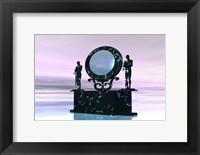 Statues stand near a dimensional portal to another universe Fine Art Print